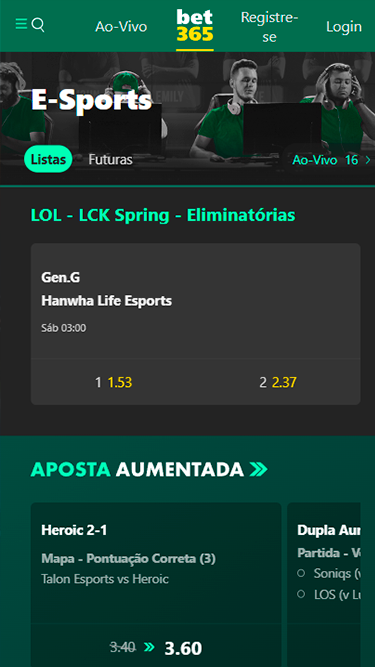 Captura de tela demonstrando a seção de e-Sports da bet365. Na imagem, pode-se ver uma eliminatória do LCK Spring, do League of Legends. 
