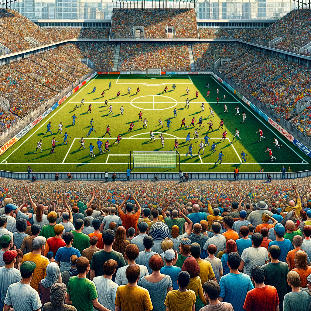 Imagem gerada por IA de um jogo de futebol com uma arquibancada cheia de torcedores.