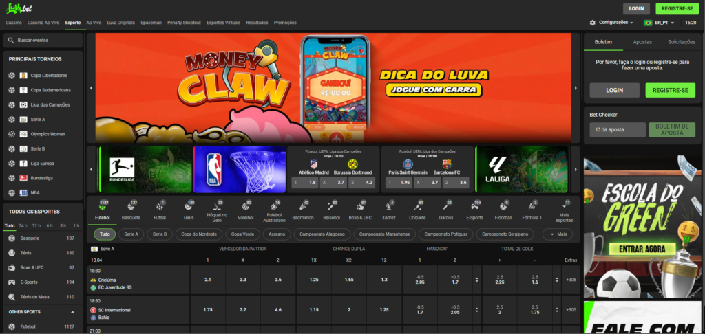 Captura de tela demonstrando a versão desktop do website da Luva Bet. Em destaque, pode-se ver um banner vermelho divulgando o jogo Money Claw, escrito "Dica do luva: jogue com garra".