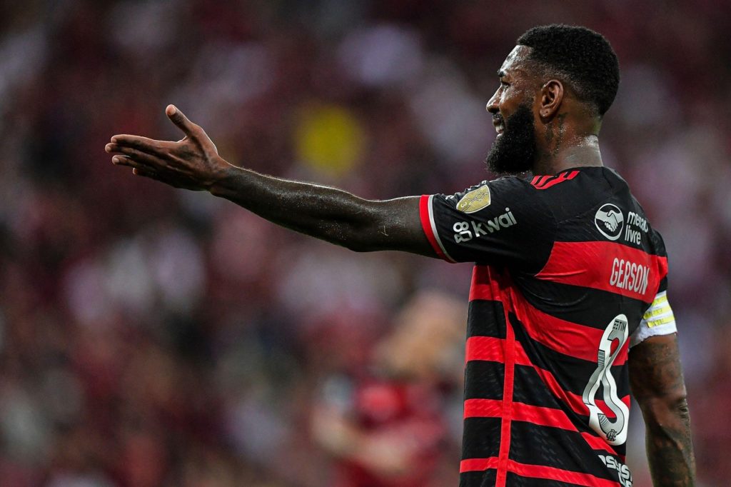 Gerson-Flamengo-Jogo-2X6MJT7 Gerson, do Flamengo, comemora um dos gols marcados oelo time em um jogo da Copa Libertadores.