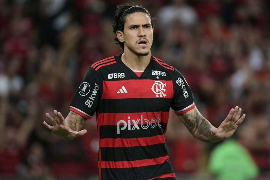 Pedro-Flamengo-Jogo-2X93DTY Pedro, do Flamengo, comemorando um gol marcado pela equipe na Libertadores de 2024.