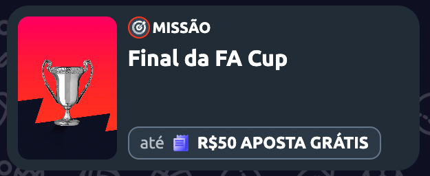 Promoção da Betano para a final da FA Cup, um troféu é exibido ao lado dos detalhes da Missão Betano e a promoção de até R$50 em aposta grátis