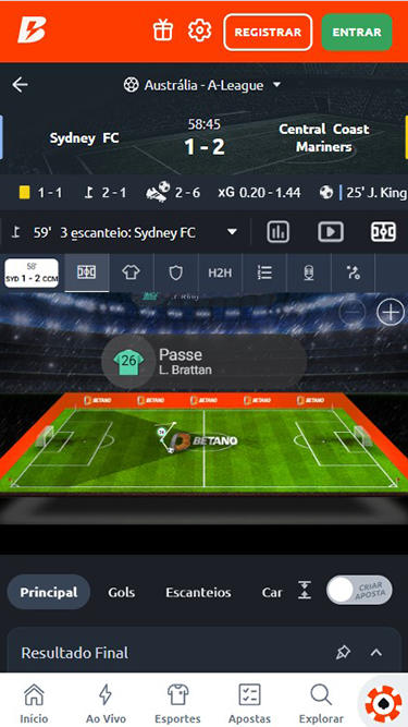 Captura de tela com partida ao vivo Sydney FC vs Central Coast Mariners, resultado 1-2 aos 58 minutos e 45 segundos.. 