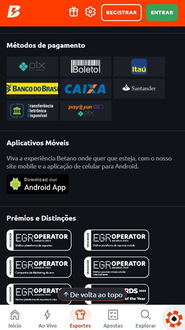 Captura de tela demonstrando as opções para o Betano depósito: Pix, Boleto, Itaú, Banco do Brasil, Caixa, Santander, transferência eletrônica, e pay4fun. Mostra ainda download do Android App, e Prêmios e Distinções atribuídos à Betano  