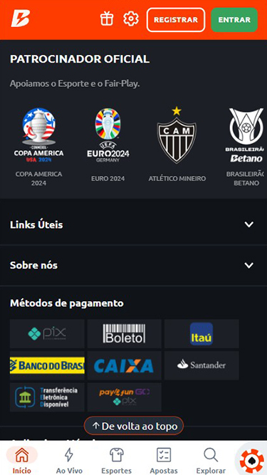 Captura de tela demonstrando patrocínio da Betano a Copa América 2024, Euro 2024, Atlético Mineiro e Brasileirão. Betano apoia o Esporte e o Fair-Play. 