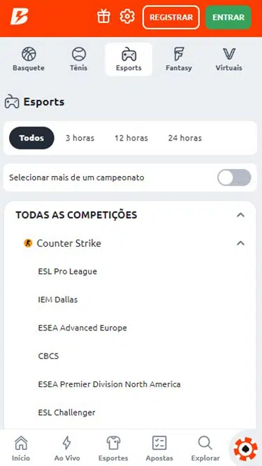 Captura de tela demonstrando a seção de eSports da Betano. Na imagem, pode-se ver uma listagem de algumas das competições disponíveis na plataforma: Counter Strike, ESL Pro League, IEM Dallas, ESEA Advanced Europe, CBCS, ESEA Premier Division North America, e ESL Challenger.