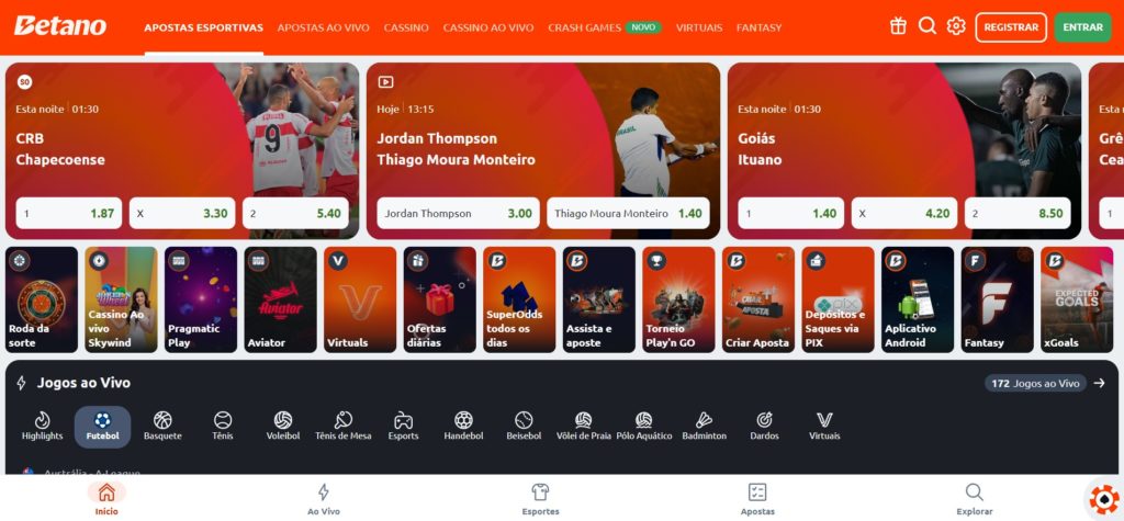 Captura de tela da versão desktop do website Betano com abas de apostas esportivas, apostas ao vivo, cassino, Crash Games, virtuais e Fantasy. 