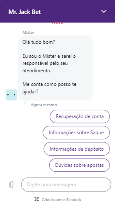 Captura de tela demonstrando a página de contato da Mr. Jack Bet com o chat ao vivo. 
