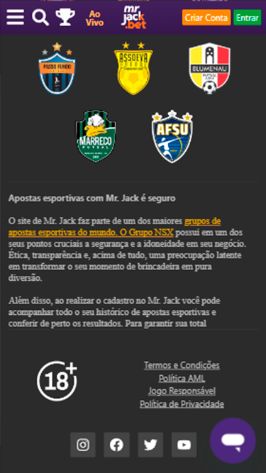 Captura de tela demonstrando alguns dos times patrocinados pela Mr. Jack Bet e suas premissas de segurança e confiabilidade. 