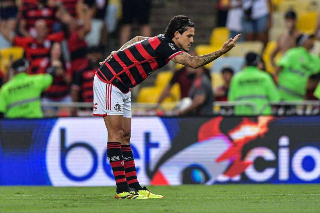 Pedro-Flamengo-comemora-gol-alamy2X4B2FG Atacante Pedro comemorando o gol da vitória do Flamengo sobre o Amazonas no Maracanã
