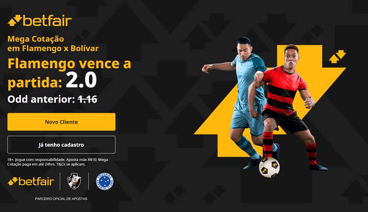 Banner divulgando odds especiais de 2.0 para o Flamengo vencer o Bolívar pela Libertadores 2024. Dois jogadores disputam a bola com uniformes nas cores dos times, contra fundo preto e elementos amarelos, nas cores da Betfair.