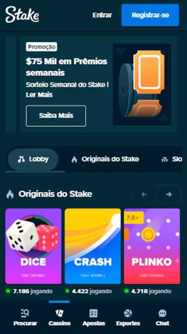 Captura de tela da página inicial da Stake na sua versão móvel, demonstrando sua fácil navegabilidade, ainda que não exista um app. 
