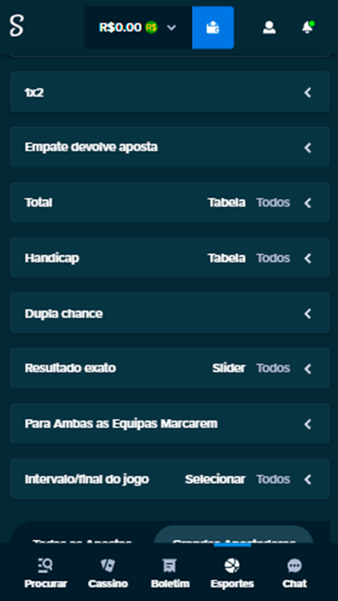 Captura de tela com alguns dos mercados de apostas da Stake: 1x2, empate devolve aposta, total, handicap, dupla chance, resultado exato, para ambas as equipes marcarem, etc.