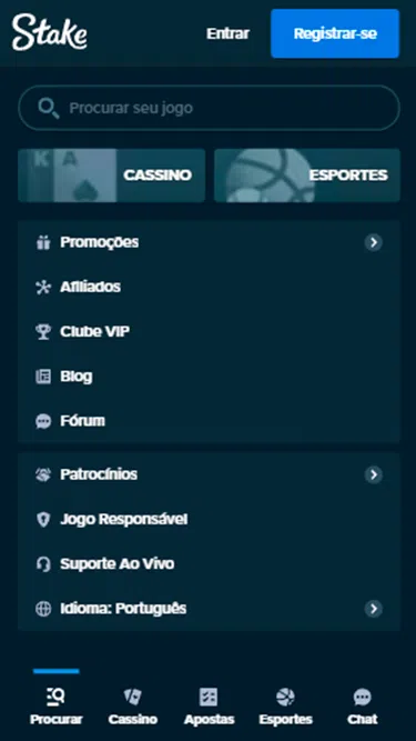Captura de tela demonstrando a plataforma da Stake e as diferentes seções pelas quais se pode navegar: Promoções, Afiliados, Clube VIP, Blog, Fórum, Patrocínios, Jogo Responsável, Suporte Ao Vivo, etc. 
