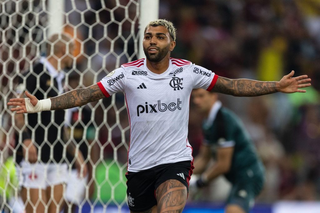 Gabigol-Flamengo-Jogo-2X9RYK3 Gabigol, do Flamengo, comemorando um dos gols do jogo contra o Vasco no Brasileirão de 2024.