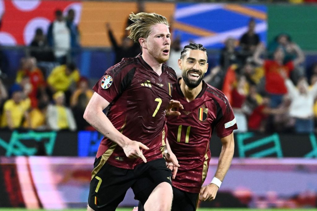 Kevin De Bruyne, da Bélgica, comemorando um dos gols marcados em um jogo de sua seleção na Euro 2024.