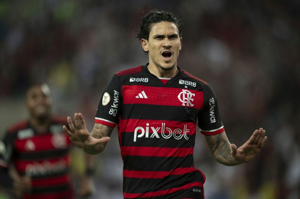 Pedro-Flamengo-Jogo-2XF1FJD Pedro, do Flamengo, comemorando um dos gols marcados pela equipe na rodada do Brasileirão de 2024.