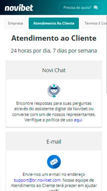 Captura de tela da página de atendimento ao cliente da Novibet. Na parte superior, pode-se ler "24 horas por dia, 7 dias por semana". As opções aparentes são o chat ao vivo, "Novi Chat", e contato por e-mail.