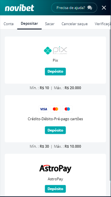 Captura de tela demonstrando os principais métodos de pagamento da Novibet: Pix, cartão de crédito, AstroPay, etc.