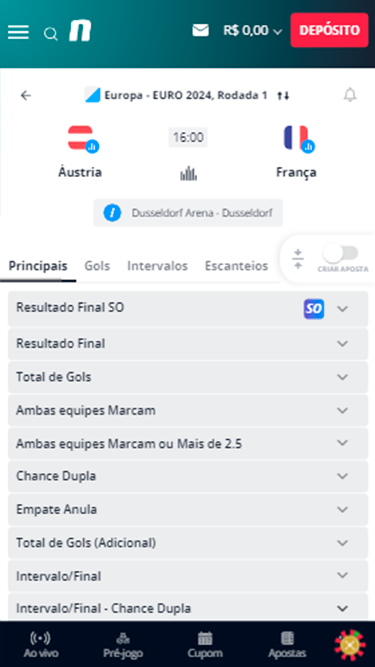 Captura de tela com relação de mercados de apostas disponíveis para apostar na Novibet. 