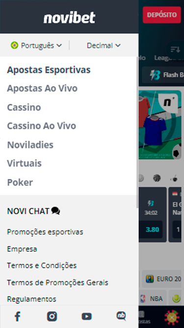 Captura de tela demonstrando as seções da plataforma da Novibet pelas quais se pode navegar. 
