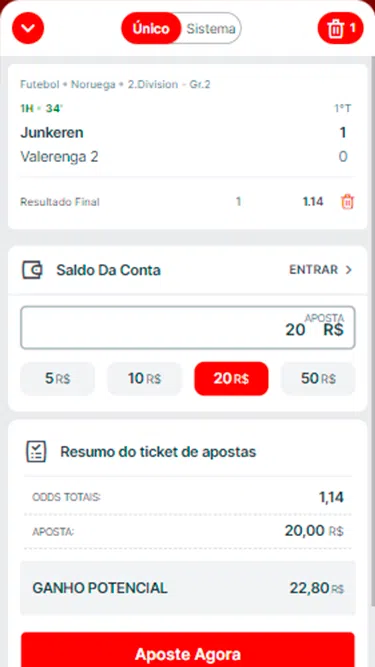 Captura de tela do boletim de aposta simples da Superbet com exemplo de jogo entre Junkeren e Valerenga, da segunda divisão do campeonato norueguês. 