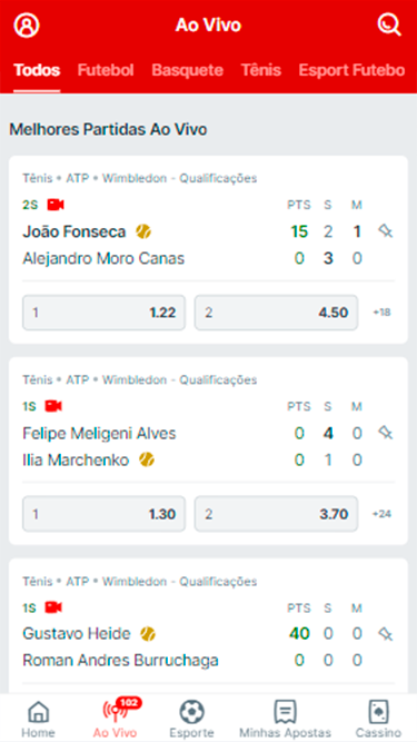 Captura de tela da página de apostas ao vivo da Superbet com os jogos acontecendo no momento. 