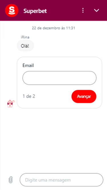 Captura de tela do atendimento ao cliente da Superbet por meio de chat ao vivo. 