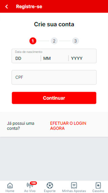 Primeiro passo do cadastro na Superbet com os campos para inserir a data de nascimento e o CPF. 