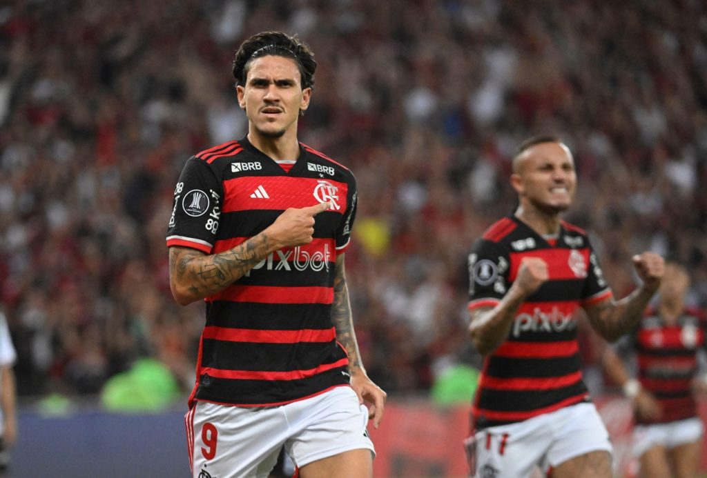 Pedro-Flmengo-Jogo-2X0AJW2 Pedro- do Flamengo, comemorando um dos gols marcados em um jogo do Campeonato Brasileiro de 2024.