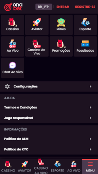 Captura de tela demonstrando a plataforma da Onabet e as diferentes seções pelas quais se pode navegar. 