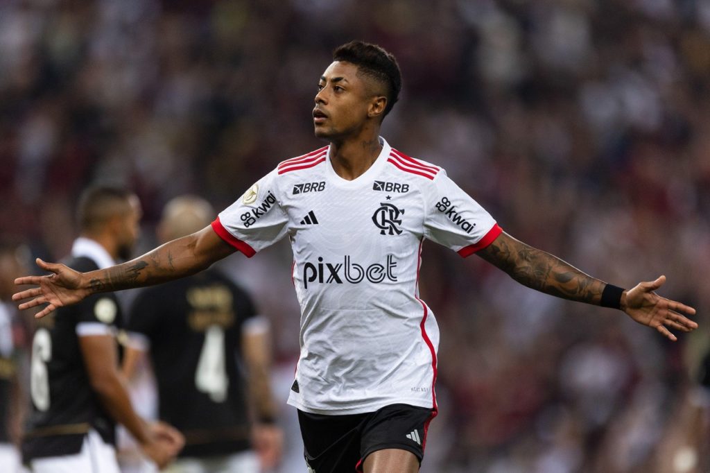Bruno-Henrique-Flamengo-Jogo-2X9T18R Bruno Henrique, do Flamengo, comemorando um dos gols marcados por ele na temporada de 2024.