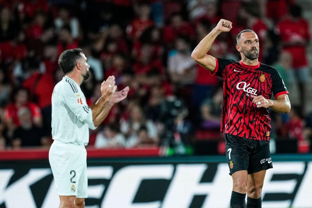 Muriqi-Mallorca-Jogo-2XW9C1X Muriqi, do Mallorca, comemorando um gol contra o Real Madrid pela LaLiga.