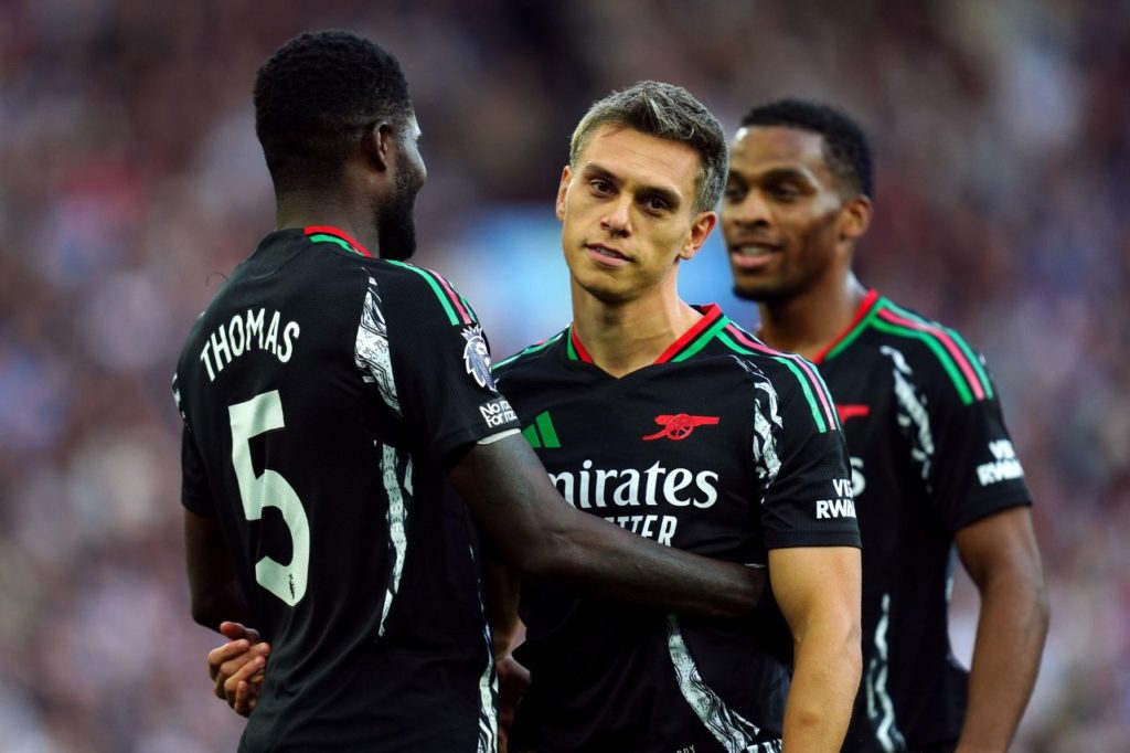 Trossard-Partey-Arsenal-gol-alamy2XXFYDN Trossard comemora gol do Arsenal com Thomas Partey na vitória sobre o Aston Villa no Campeonato Inglês