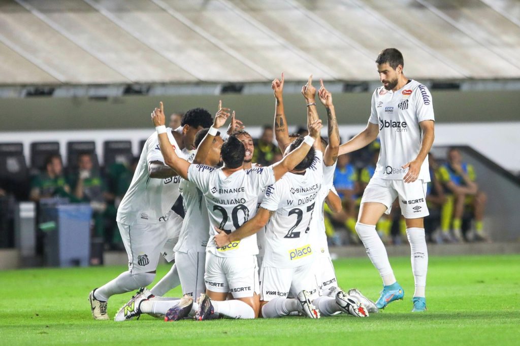 Jogadores-Santos-Jogo-2YA96X8 Jogadores do Santos comemorando um dos gols do time na Série B de 2024.