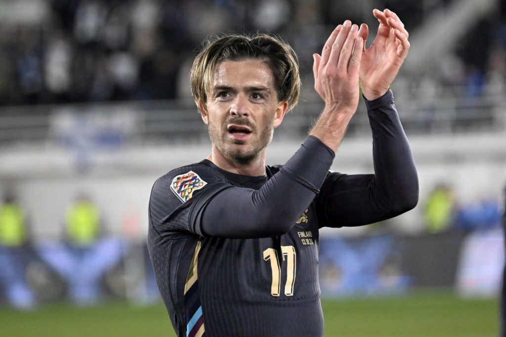 Jack-Grealish-Inglaterra-Jogo-2YAE8PG Jack Grealish, da Inglaterra, comemorando um dos gols da equipe na Nations League.