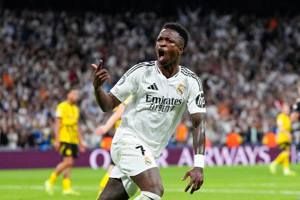 Vinicius-Junior-Real-Madrid-2YCD12W Vinicius Junior, do Real Madrid, comemorando um dos gols marcados pelo clube na temporada.