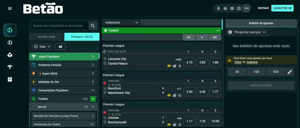 Seção de apostas esportivas da Betão Bet.