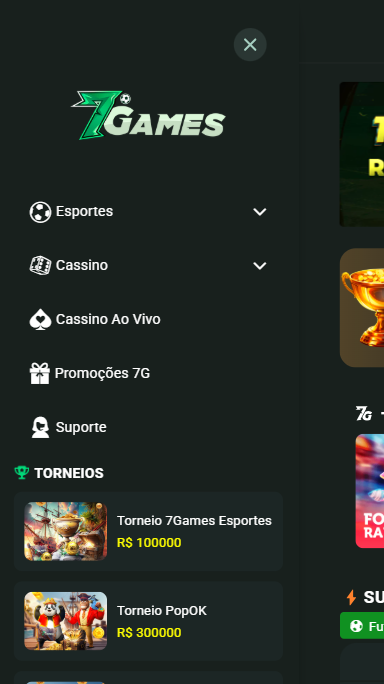 Menu da 7Games no mobile, com opções de esportes, cassino e cassino ao vivo.