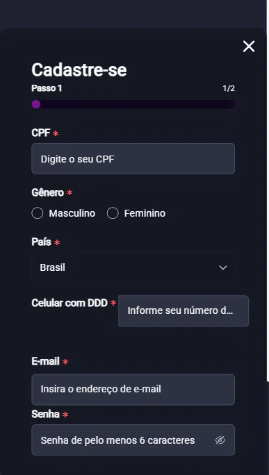 Formulário de cadastro da H2bet pede informações como CPF, gênero, celular e e-mail.