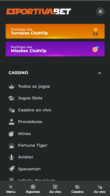 Plataforma da Esportiva.bet na visualização mobile, com destaque oara Torneios ClubVip e Missões ClubVip.