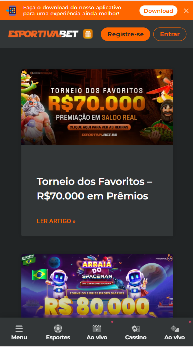 Seção de promoções da Esportiva.bet, com destaque para a oferta Torneio dos Favoritos.