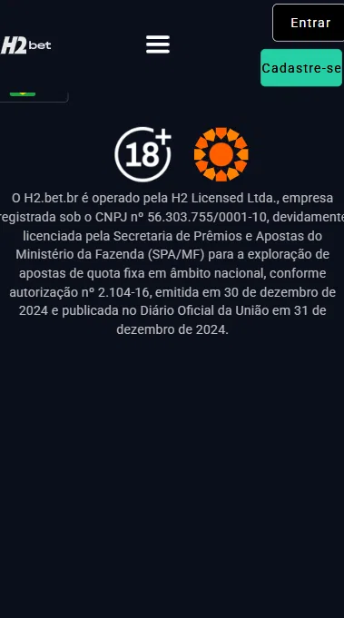Licença de operação no rodapé do site da H2bet.