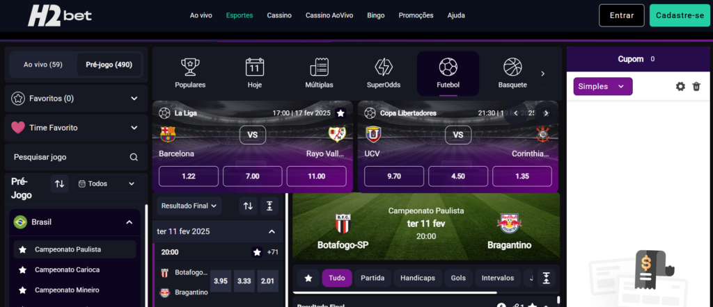Seção de esportes da H2bet.