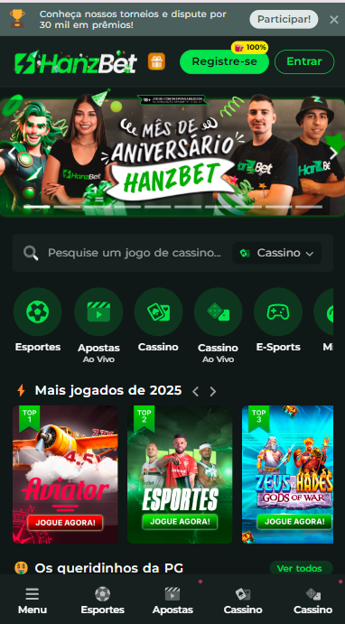 Página inicial da Hanzbet.