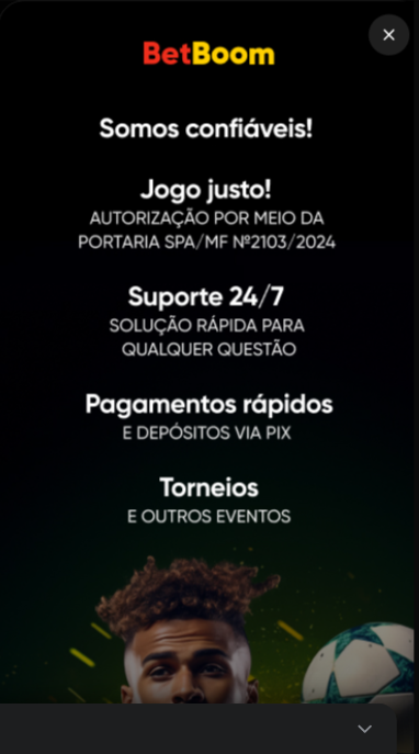Banner no site da Betboom alegando confiabilidade da casa, suporte ao cliente 24 horas e pagamentos rápidos.