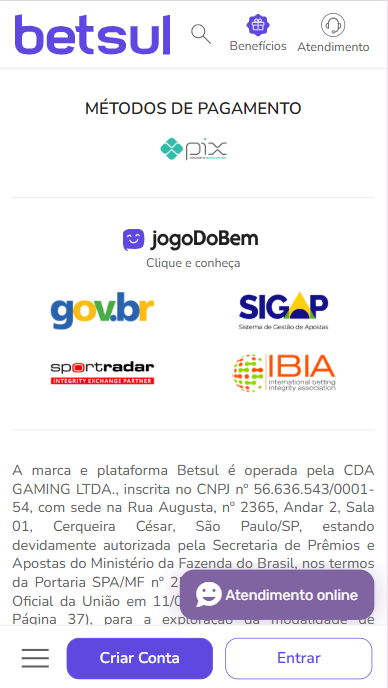 Rodapé do site da Betsul indica que o Pix é o único método de pagamento disponível na plataforma.
