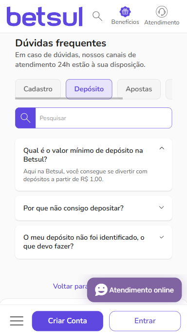 Seção de dúvidas frequentes do site da Betsul. A casa de apostas indica que o depósito mínimo por Pix é R$ 1,00.