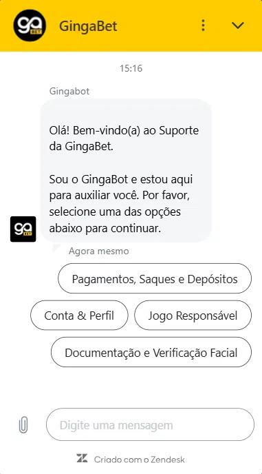 Bot da Gingabet, na área de chat ao vivo. 