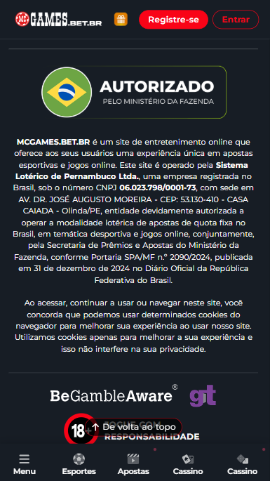 Rodapé do site da McGames tem todas as informações de licença.